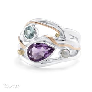 Banyan Jewellery Teardrop Purple Amethyst and Blue Topaz Statement Ring