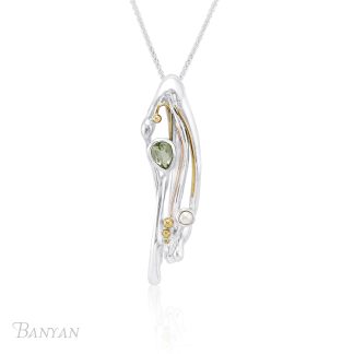 Banyan Jewellery Flowing Silver Pendant set with Green Amethyst and Pearl with Gold Filled detail