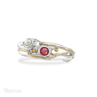 Banyan Jewellery Ruby and Pearl Ring with Gold Filled detail