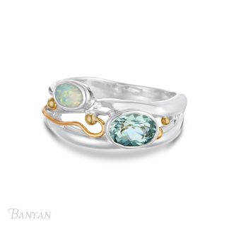 Banyan Jewellery Blue Topaz and Opalite Ring with Gold Wire Fill Detail