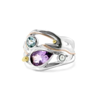 Banyan Jewellery Teardrop Amethyst, Blue Topaz and Freshwater Pearl Statement Ring