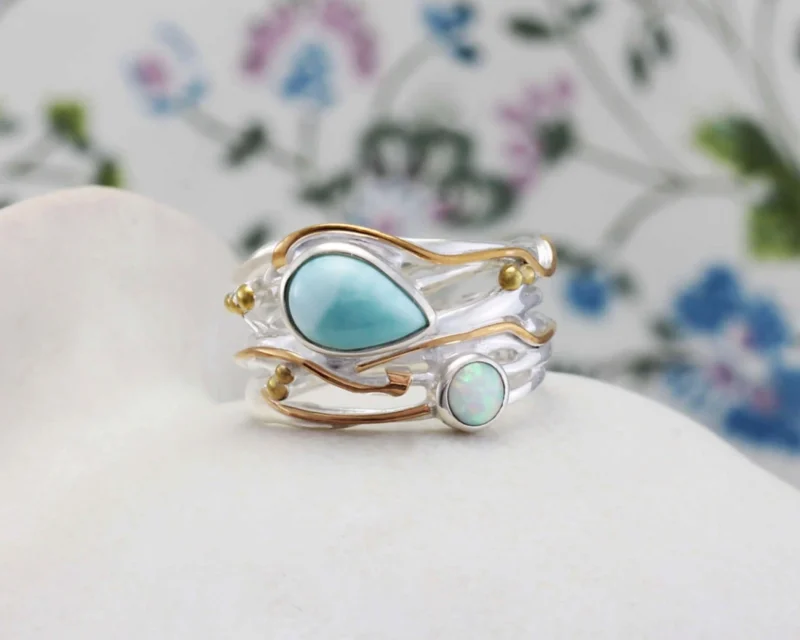Banyan Jewellery Teardrop Larimar & Fire Opalite Ring - Image 4