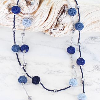 Suzie Blue Long Beaded Necklace with Thread Balls