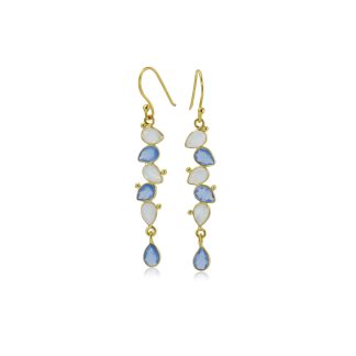 Banyan Jewellery Teardrops Rainbow Moonstone and Blue Chalcedony Gold Drop Earrings