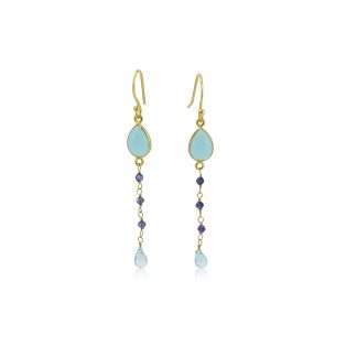 Banyan Jewellery Aqua Chalcedony, Tanzanite and Blue Topaz Gold Drop Earrings