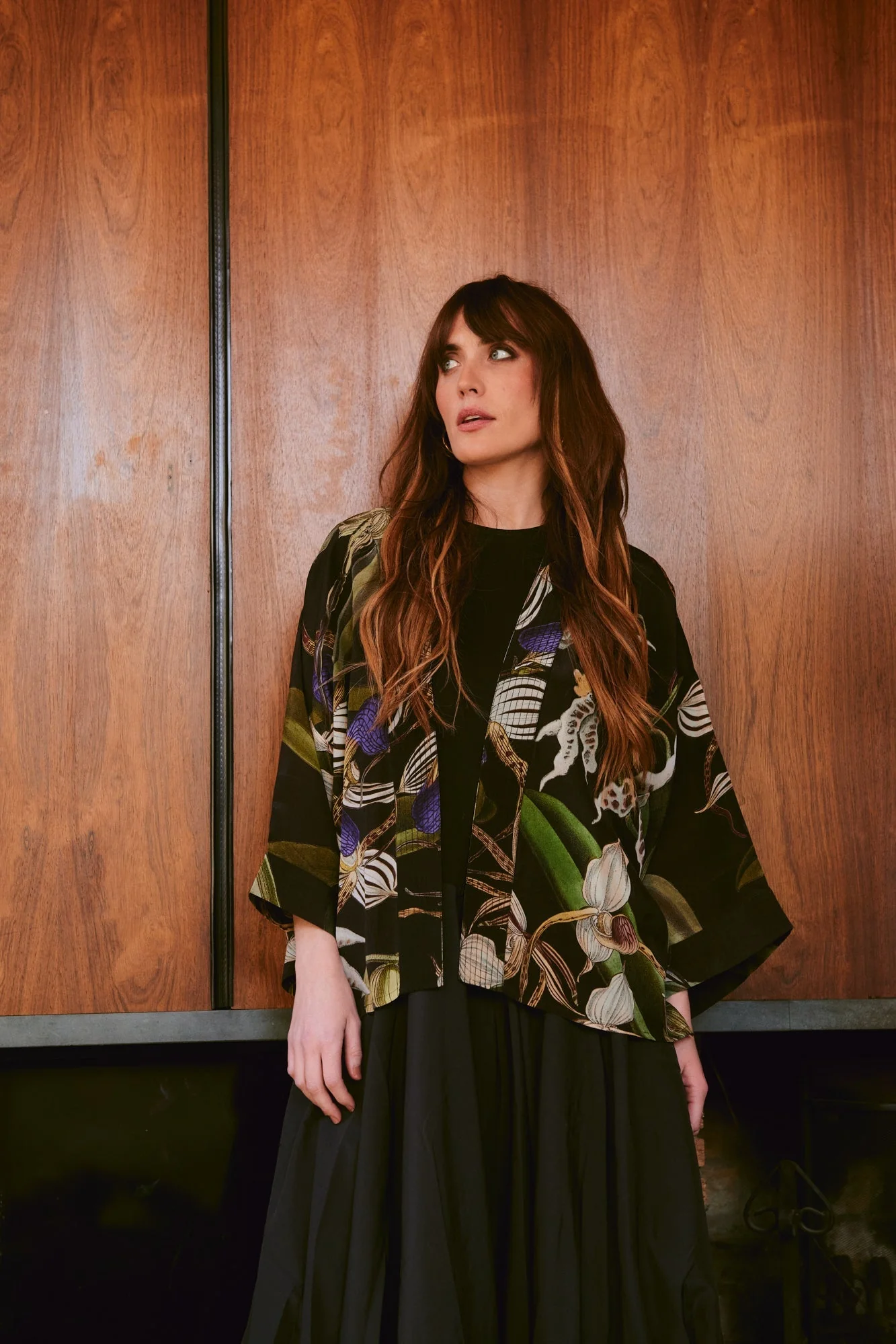 One Hundred Stars Orchid Black Crepe Kimono