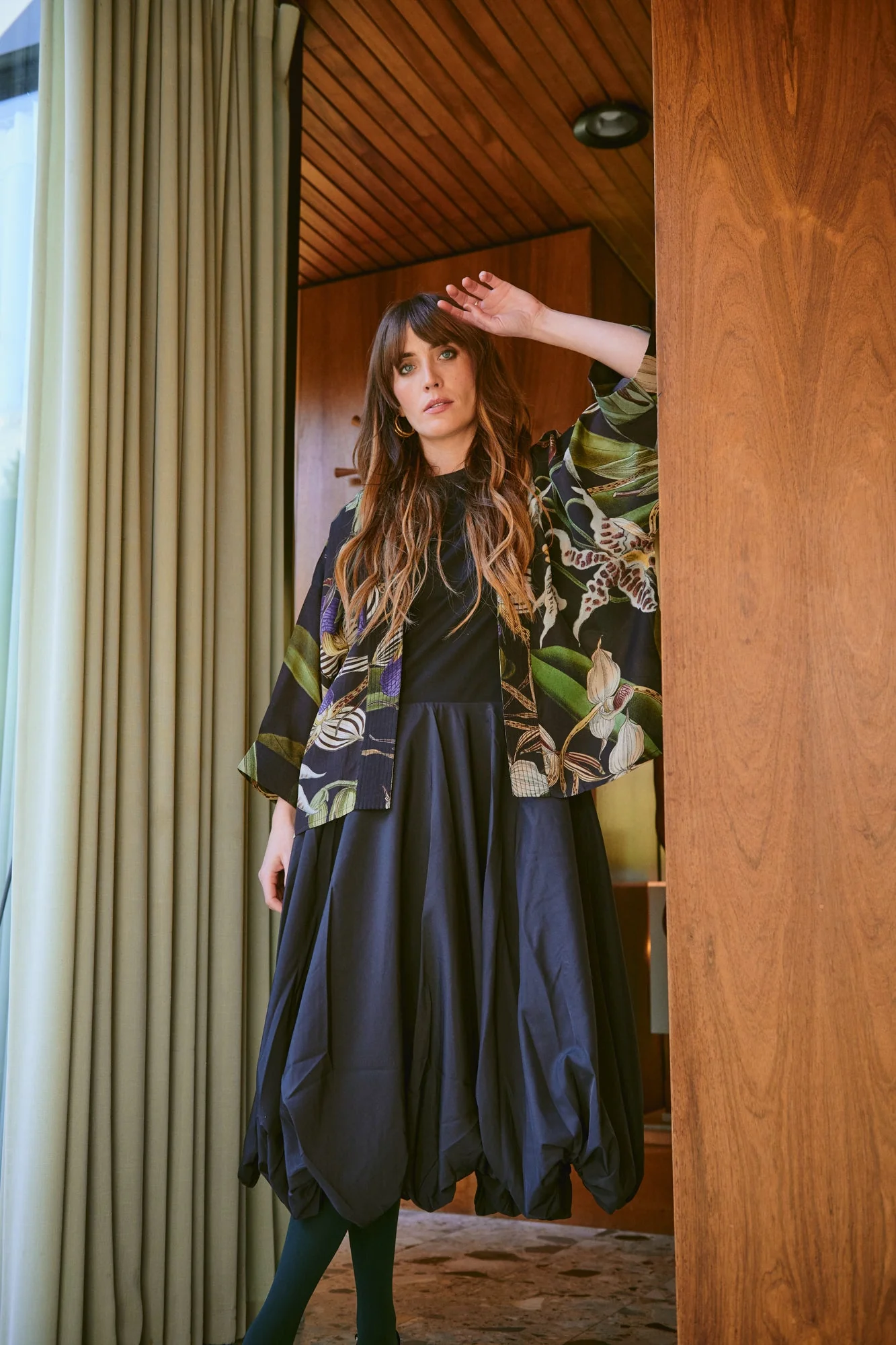 One Hundred Stars Orchid Black Crepe Kimono