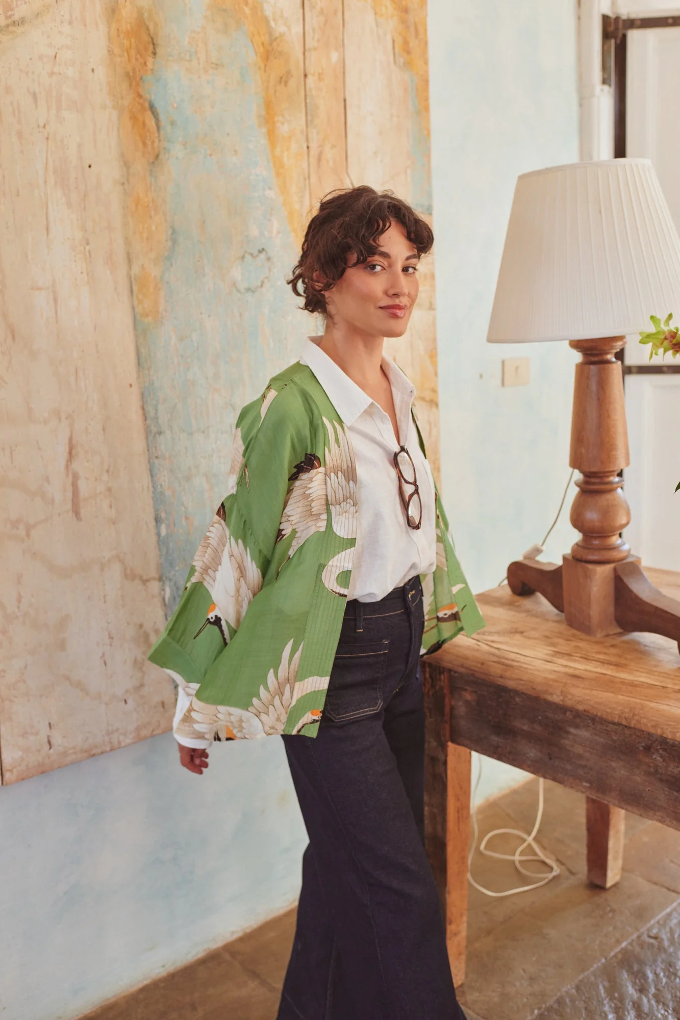 One Hundred Stars Stork Pea Green Kimono