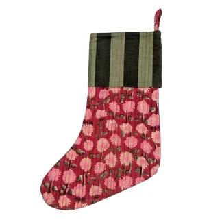 Twinflower Large Christmas Stocking ~ Red Floral Green Stripe