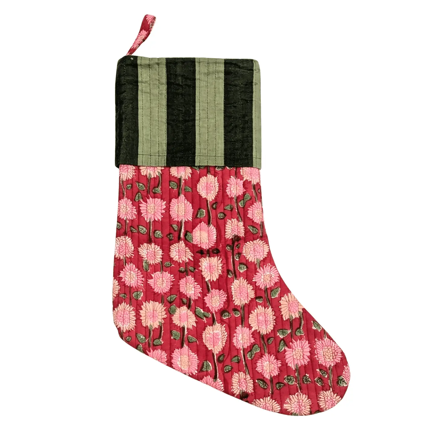Twinflower Large Christmas Stocking ~ Red Floral Green Stripe